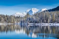 Idyllic winter wonderland with mountain lake in the Alps