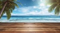 Idyllic wooden board surrounded by panoramic summer sea and palm tree.