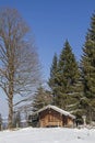 Idyllic wooden hut in winter