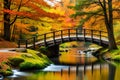 An idyllic woodland in autumn, with a charming wooden bridge spanning a babbling brook and the forest alive with the colors of