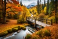An idyllic woodland in autumn, with a charming wooden bridge spanning a babbling brook and the forest alive with the colors of