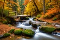 An idyllic woodland in autumn, with a rustic wooden bridge crossing a babbling brook and the forest alive with autumnal colors