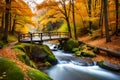 An idyllic woodland in autumn, with a rustic wooden bridge crossing a babbling brook and the forest alive with autumnal colors