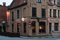 Ieper, West Flanders Region - Belgium - Traditional cafe facade in the historical city center at dusk