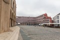 Iew at the exterior at the iconic High Square Badajoz, Plaza Alta de Badajoz, with typical colored house buildings , Badajoz,