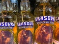 iew on Grasovka bison grass vodka bottles in shelf of german supermarket