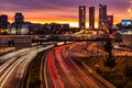 Iew from the A1 highway on the four towers quattro torres in Madrid during sunset