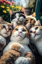 if a group of cat would take a selfie in the garden with flowers