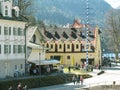 Schwangau is called the `village of royal castles`, it is located under a mountain, over which Neuschwanstein and Hohenschwangau r Royalty Free Stock Photo