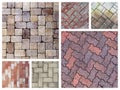 ifferent patterns and colors of paving stones are arranged in a collage each section shows unique brick shapes and textures Royalty Free Stock Photo