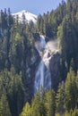 Iffigfall waterfall near Lenk, blue sky, snowcapped mountain