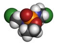 Ifosfamide cancer chemotherapy drug molecule. Atoms are represented as spheres with conventional color coding: hydrogen (white),