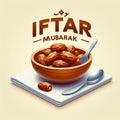 Iftar Mubarak with bowl of dates and spoon on a white napkin, beautiful Islamic wish, holy month of Ramzan