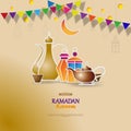 Iftar party celebration concept flyer. Vector Illustration. Sweet Dates, Fanous Lantern and Arabic coffee mug. Islamic