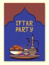 Iftar Party Flyer or Template Design with Arabic Jug, Dates Bowl on Blue and Umber