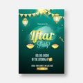 Iftar Party Invitation Card or Flyer Design with Bowls of Dates, Illuminated Lamps Hang and Event Details in Green Royalty Free Stock Photo