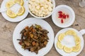 Igado, a Filipino spiced pork dish made with liver, tenderloin, innards and vegetables. Paired with turnip bits with vinegar sauce Royalty Free Stock Photo