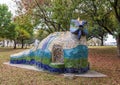 `Iggy`, a colorful mosaic Iguana by Carolann Haggard located in Grauwyler Park in Dallas, Texas.