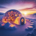 Igloo ice hotel with sunset during magic winter night. ai generative