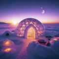 Igloo ice hotel with sunset during magic winter night. ai generative