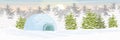 Igloo. Icehouse. Ice dwelling of the Eskimos. Snow covered plain. Spruce forest