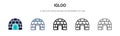 Igloo icon in filled, thin line, outline and stroke style. Vector illustration of two colored and black igloo vector icons designs Royalty Free Stock Photo