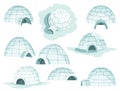 Igloo icon set. Cartoon vector icehouse in different variations. Winter construction from ice blocks. Eskimo peoples