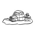 Igloo with snowman vector illustration sketch hand drawn with bl Royalty Free Stock Photo