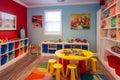 Energetic Children\'s Playroom: Vivid Furnishings, Innovative Storage, and Captivating Artwork