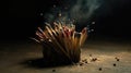 Ignited Matchsticks in Wooden Bundle on Dark Background with Smoke and Glowing Embers