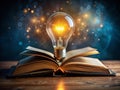 Igniting Inspiration Illuminated Light Bulbs Hovering Above an Open Book Symbolizing Creative Thinking and Knowledge Royalty Free Stock Photo