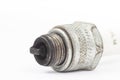 Ignition spark plug with platinum electrode. Automotive parts isolated above white background