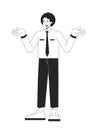 Ignorant office worker shrugging with confusion flat line black white vector character