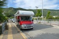 Igoumenitsa, Greece, May 24 2019 Red camper parked on the Igoumenitsa ring road ready to go