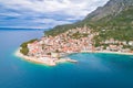 Igrane village on Makarska riviera and Biokovo mountain aerial sea view Royalty Free Stock Photo