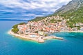 Igrane village on Makarska riviera and Biokovo mountain aerial view Royalty Free Stock Photo