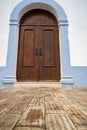 Igreja da Misericordia church doorway, in pretty blue and white colors in Aljezur Portugal, Algarve region
