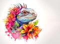 An iguana head and beautiful tropical flowers on clean background. Reptile.