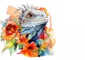 An iguana head and beautiful tropical flowers on clean background. Reptile.