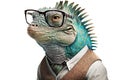 Iguana hipster, lizard businessman dressed in human suit, tie and glasses.