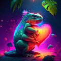 Iguana hugging heart Iguana with heart in neon light. Conceptual illustration of love Generative AI anima