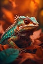 A close-up portrait of a colorful iguana