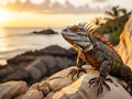 An iguana is relaxing on a rock while enjoying the sunset