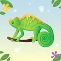 Iguana on the tree. Chameleon and leaves. Vector illustration. Cartoon