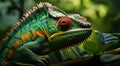 iguana on a tree, green iguana on a tree branch, close-up of colored chameleon on the tree, close-up of a chameleon in the forest