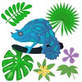 Iguana on the tree and jungle plants. Chameleon between palm and monstera leaves. Vector illustration