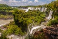 Iguazu rainfalls with green vegetation and some clouds in the sky