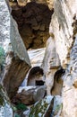 Ihlara valley with rock caves blocked by stones Central Anatolia. Capadocia, Turkey Royalty Free Stock Photo