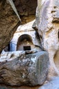 Ihlara valley with rock caves blocked by stones Central Anatolia. Capadocia, Turkey Royalty Free Stock Photo