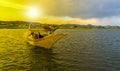 Ihsaniye, Afyonkarahisar/Turkey-June 08 2019: Boat in Lake Emre in sunset, Phrygia Valley Natural Park Frig Vadisi Tabiat Parki Royalty Free Stock Photo